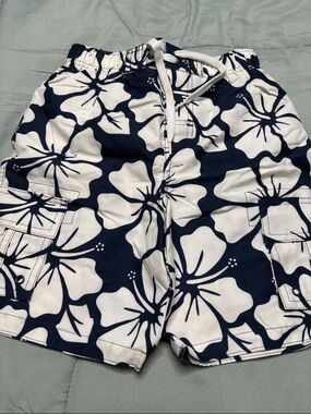 Kids Navy & White Floral Cargo Swim Shorts